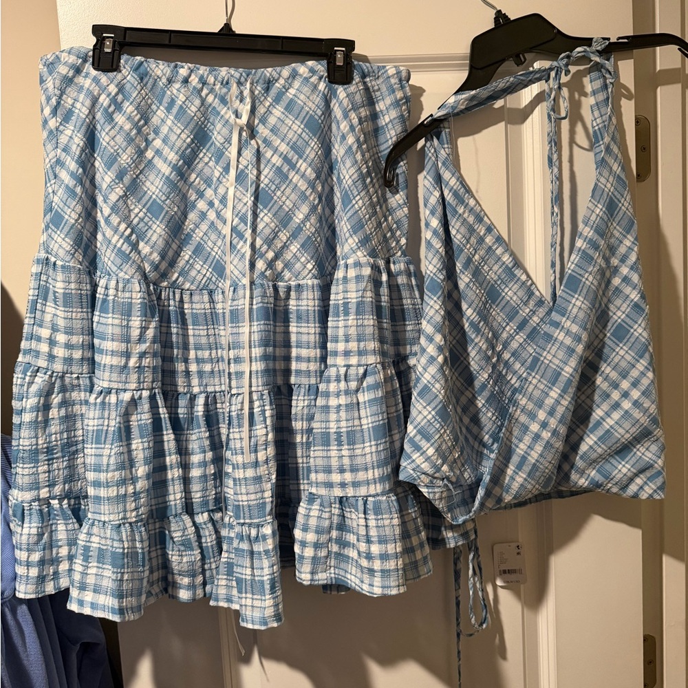 Free People Light Blue and White Plaid Tiered A-Line Skirt 🔥 Size L
